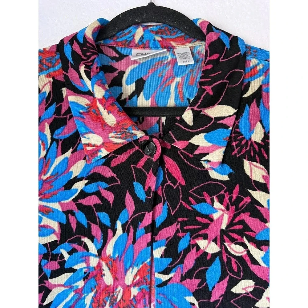 Chico's Travelers Jacket Women Size 2 Multicolor Floral Knit Open Front Casual